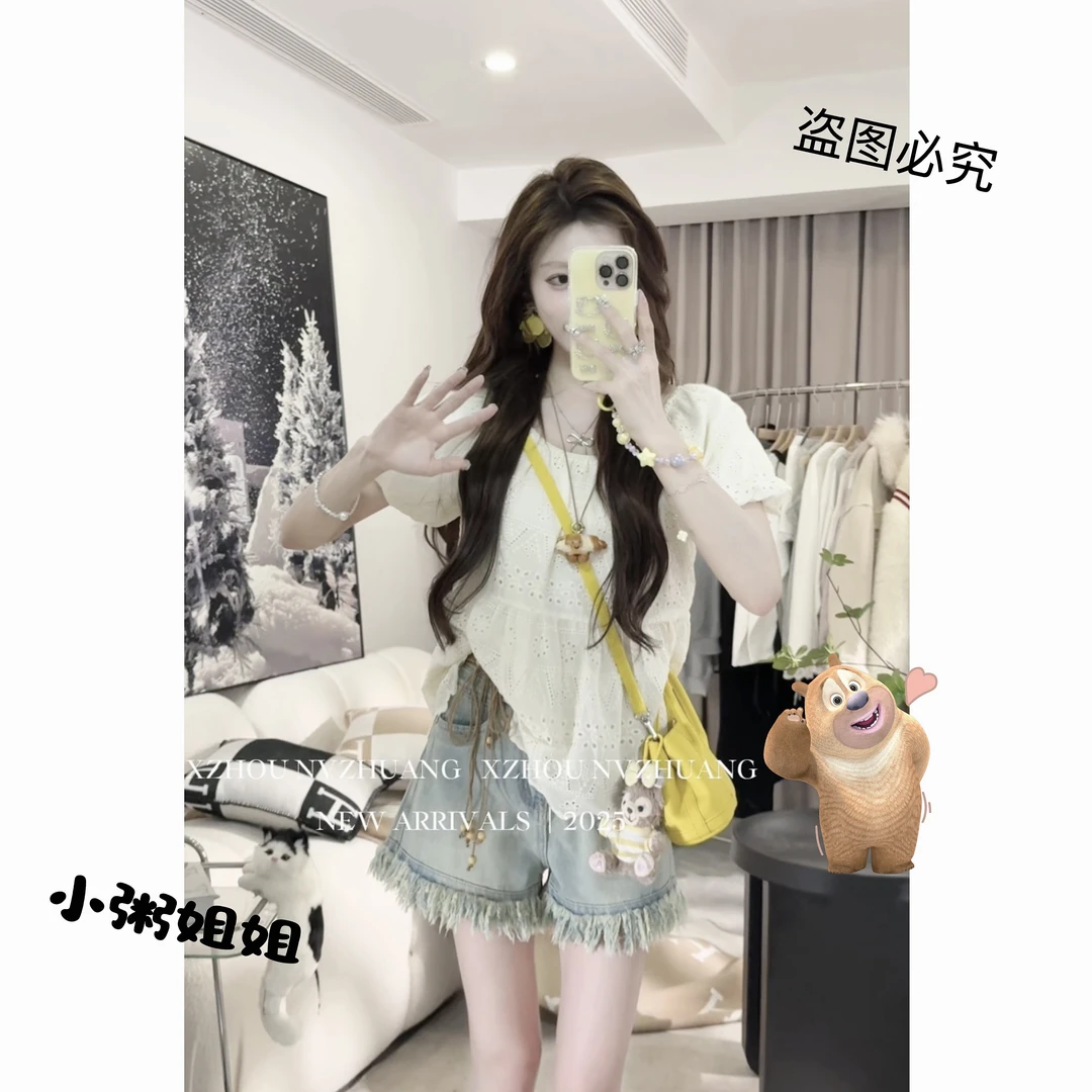 【XZ002】时尚镂空短袖上衣女2025夏季新款气质泡泡袖显瘦衬衫