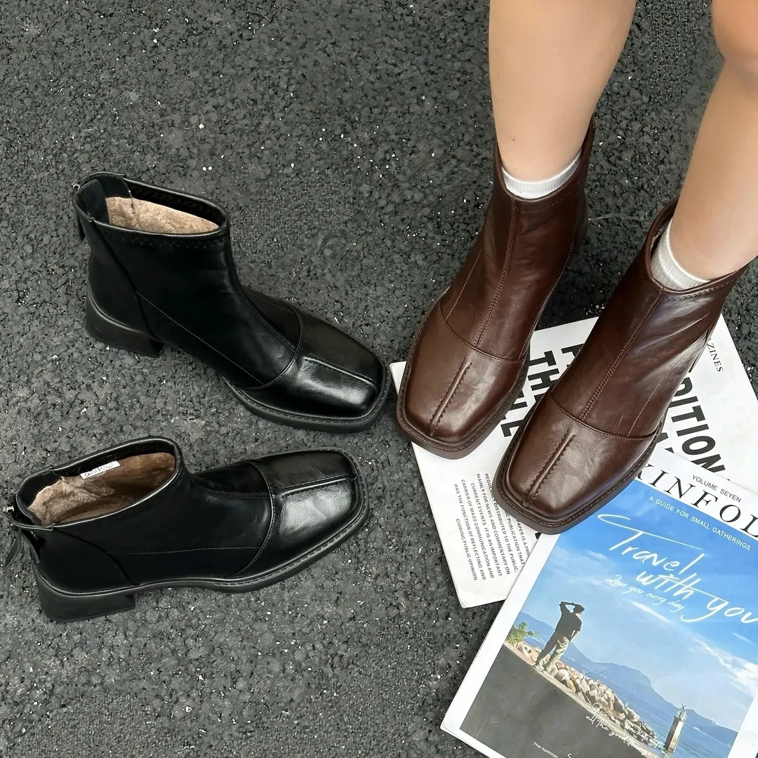 2025冬季新品法式方头粗跟时装靴加绒保暖气质女短靴A66108