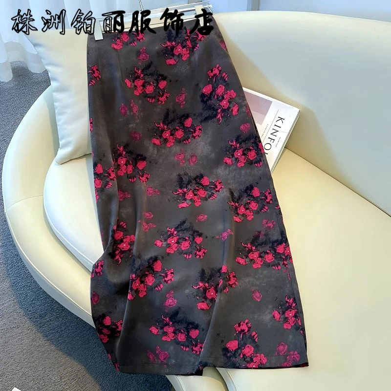 醋酸印花半身裙女夏季2025新款高腰垂感半裙宽松直筒裙a字包臀裙