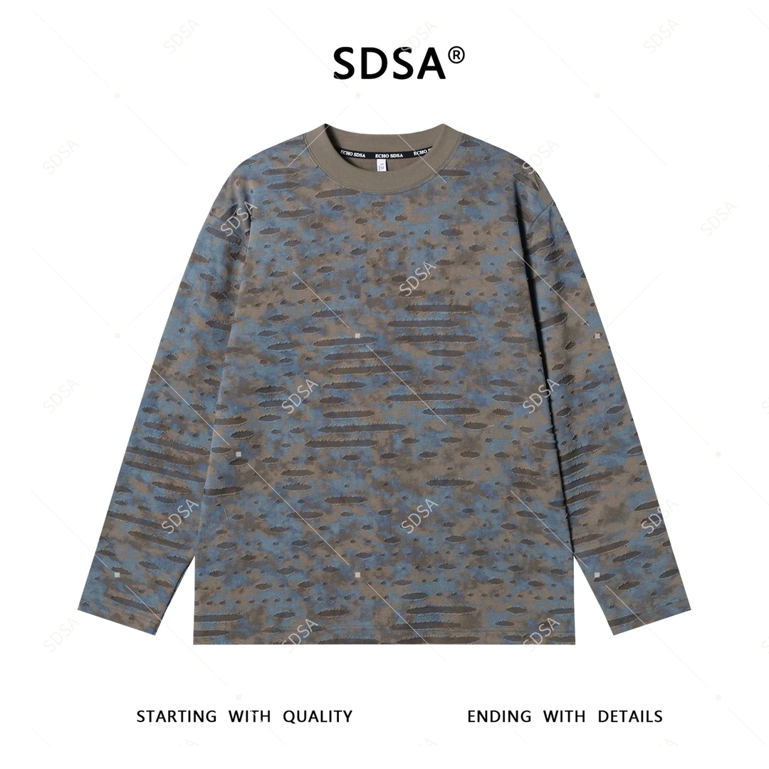 SDSA男士2025新款轻奢痞帅男装扎染撞色割破圆领长袖T恤宽松潮牌