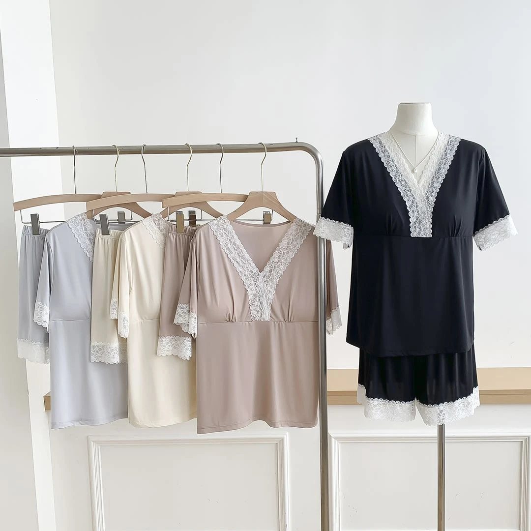 帽之都宽松蕾丝花边睡衣家居服冰丝短袖短裤套装