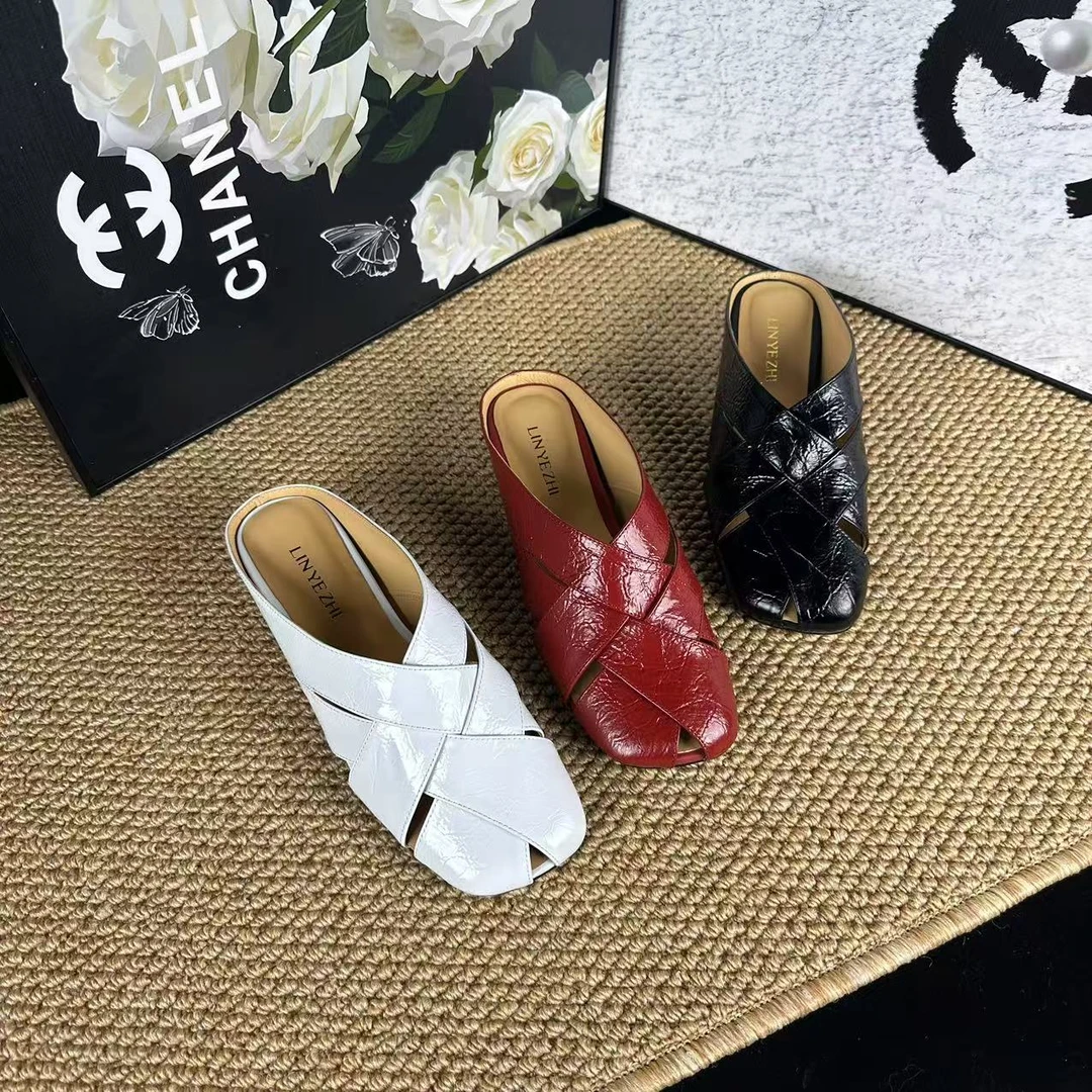 【霖叶枝】休闲穆勒鞋半托真皮手工女鞋C-7067/跟高3cm