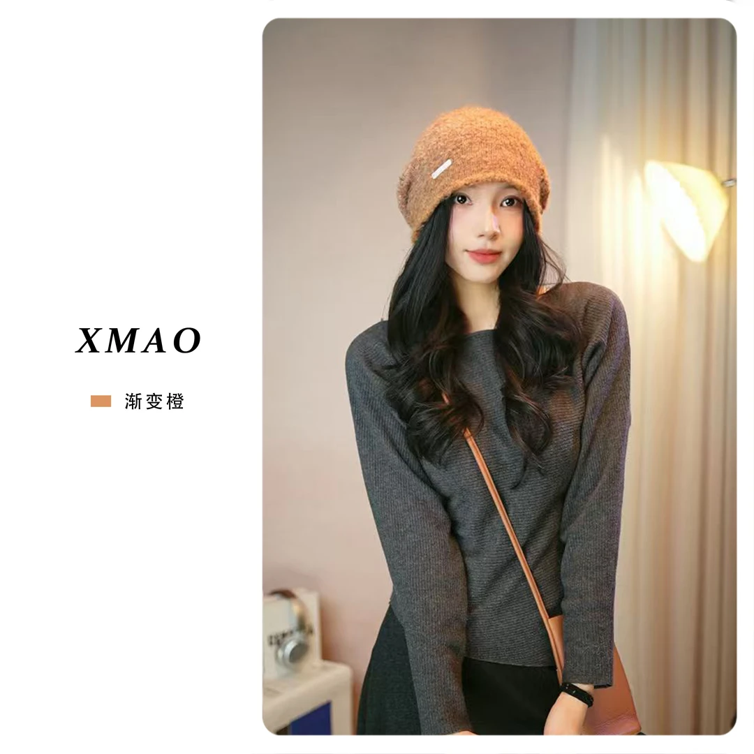 渐变色羊毛堆堆帽子女秋冬显脸小冷帽日系卷边保暖针织包头毛线帽