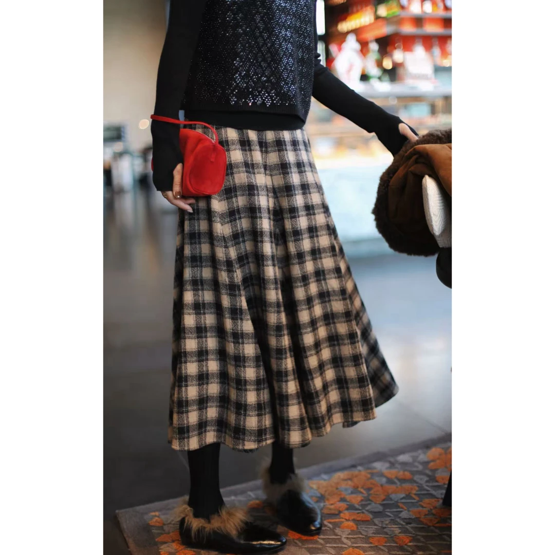 【荣姐精选】气质优雅格子羊毛半裙