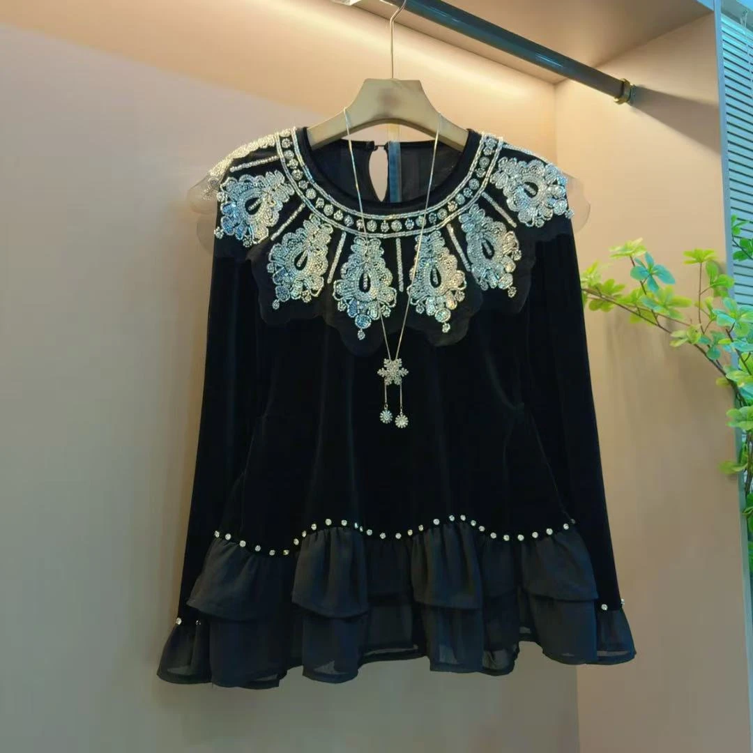 新款轻奢韩版收腰显瘦气质百搭遮肉重工钉钻上衣（衣长62左右）