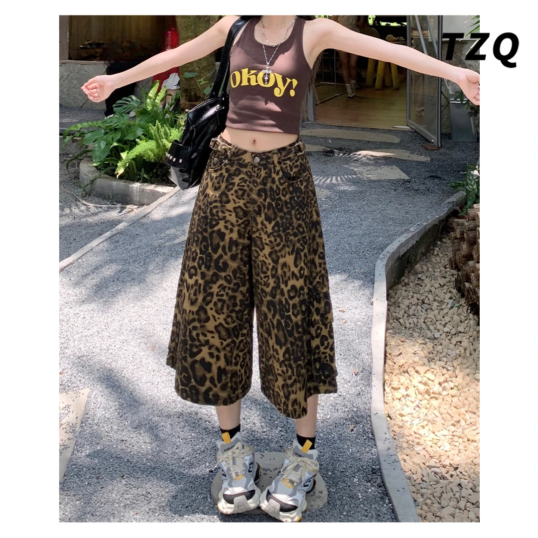 美式豹纹七分牛仔裤女2025夏季新款显瘦高街阔腿裤子潮TZQ2561848