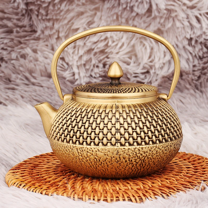 黄铜编织茶壶摆件办公室茶桌茶具装饰提梁手提壶纯铜器工艺品批发