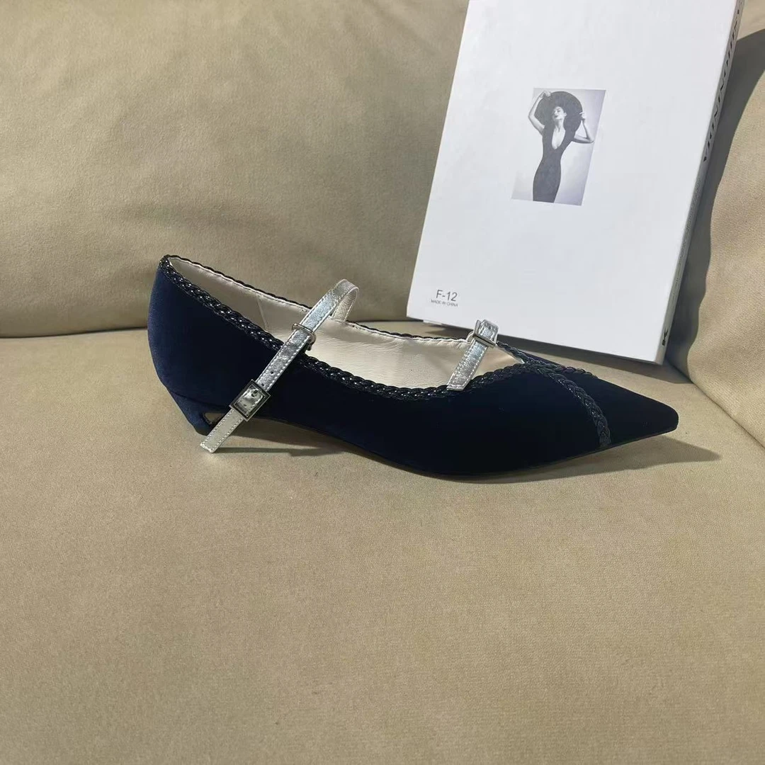 1096【豆蔻蓝】春款真丝绒气质尖头法式编织低跟浅口手工单鞋A【2cm】