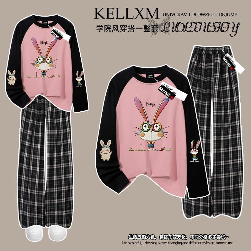女童早秋新款创意卡通兔子仿刺绣插肩长袖t恤格子裤休闲时尚套装