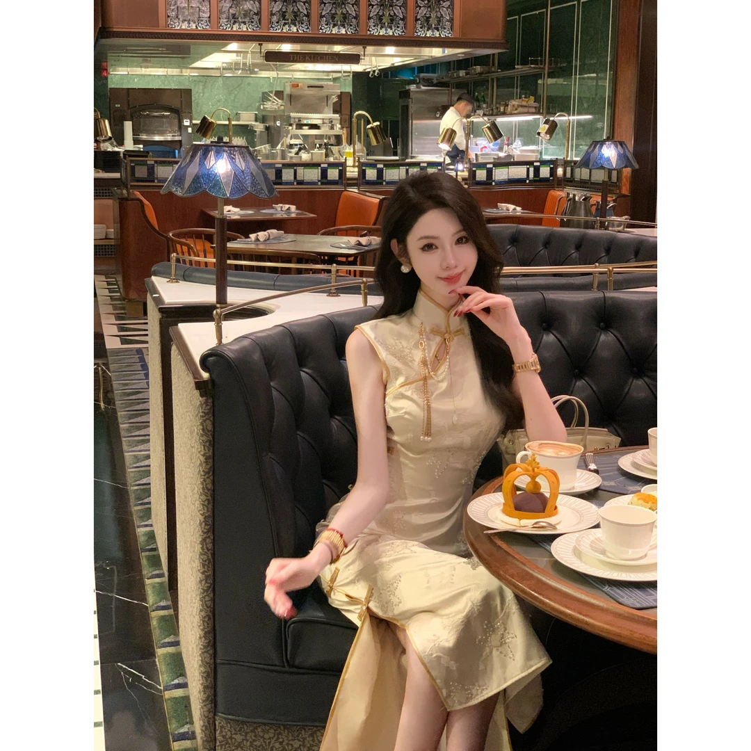 【雅乔定制】人间水仙 新中式国风重工钉珠立领旗袍裙DYZY-25017506