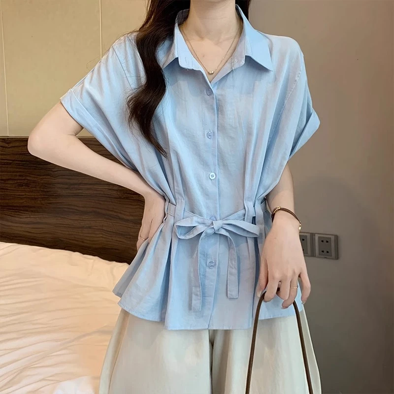 特大码胖mm蓝色polo领系带短袖衬衫女夏季收腰独特高级感气质上衣