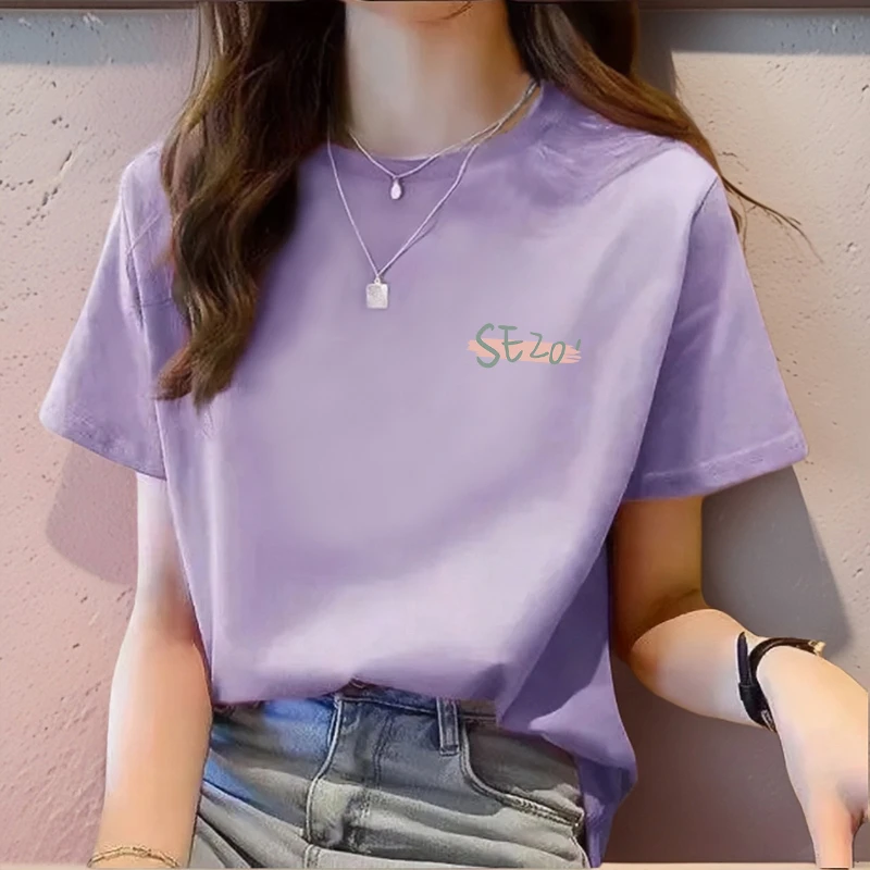 夏季减龄紫色短袖宽松T恤大码mm淡紫色韩版2025爆款正肩t恤女衣服