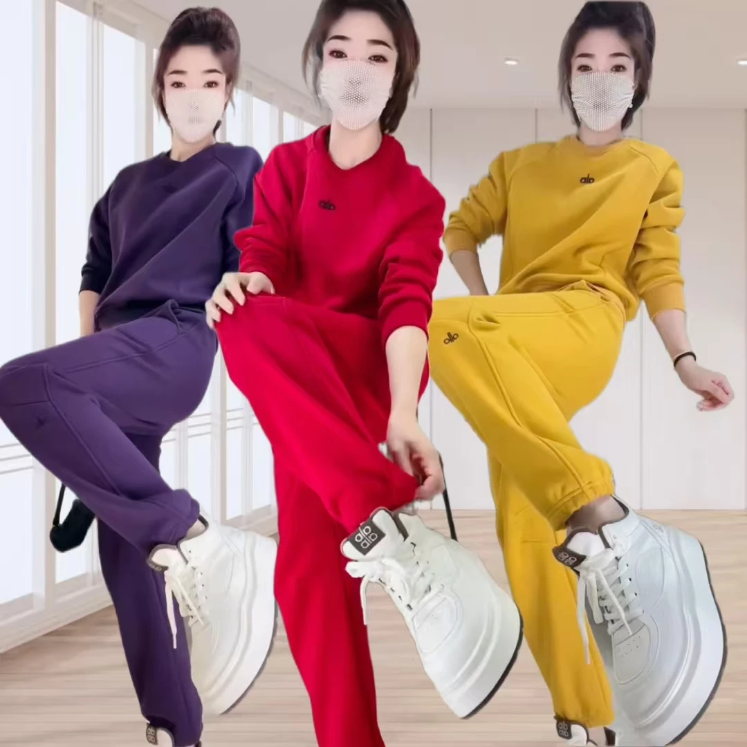 过年红色加绒运动套装女时尚宽松显瘦圆领长袖卫衣休闲百搭卫裤