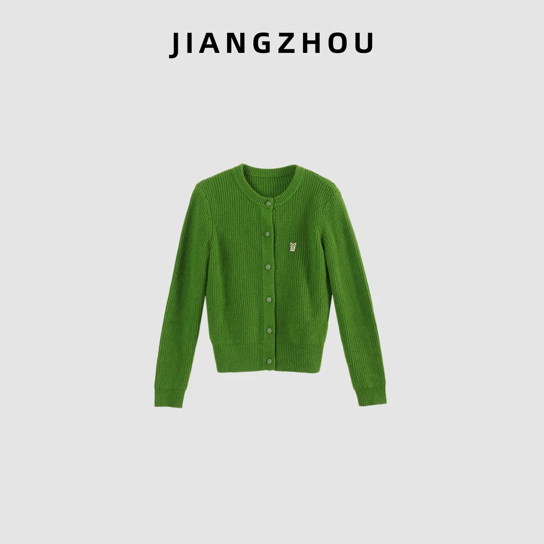 江洲【青苹果】冬季小浣熊羊毛特调苹果绿简约百搭显瘦毛织开衫