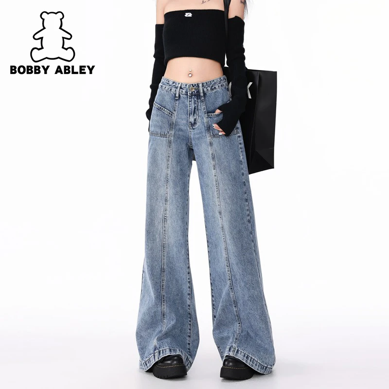 BOBBY ABLEY美式蓝色阔腿喇叭裤女早秋水洗宽松显瘦拖地牛仔裤