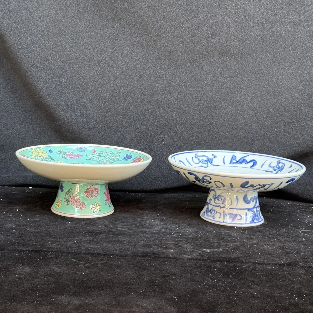 景德镇手绘8寸20cm绿地万花茶花纹高脚果盘摆件老式复古中式传统