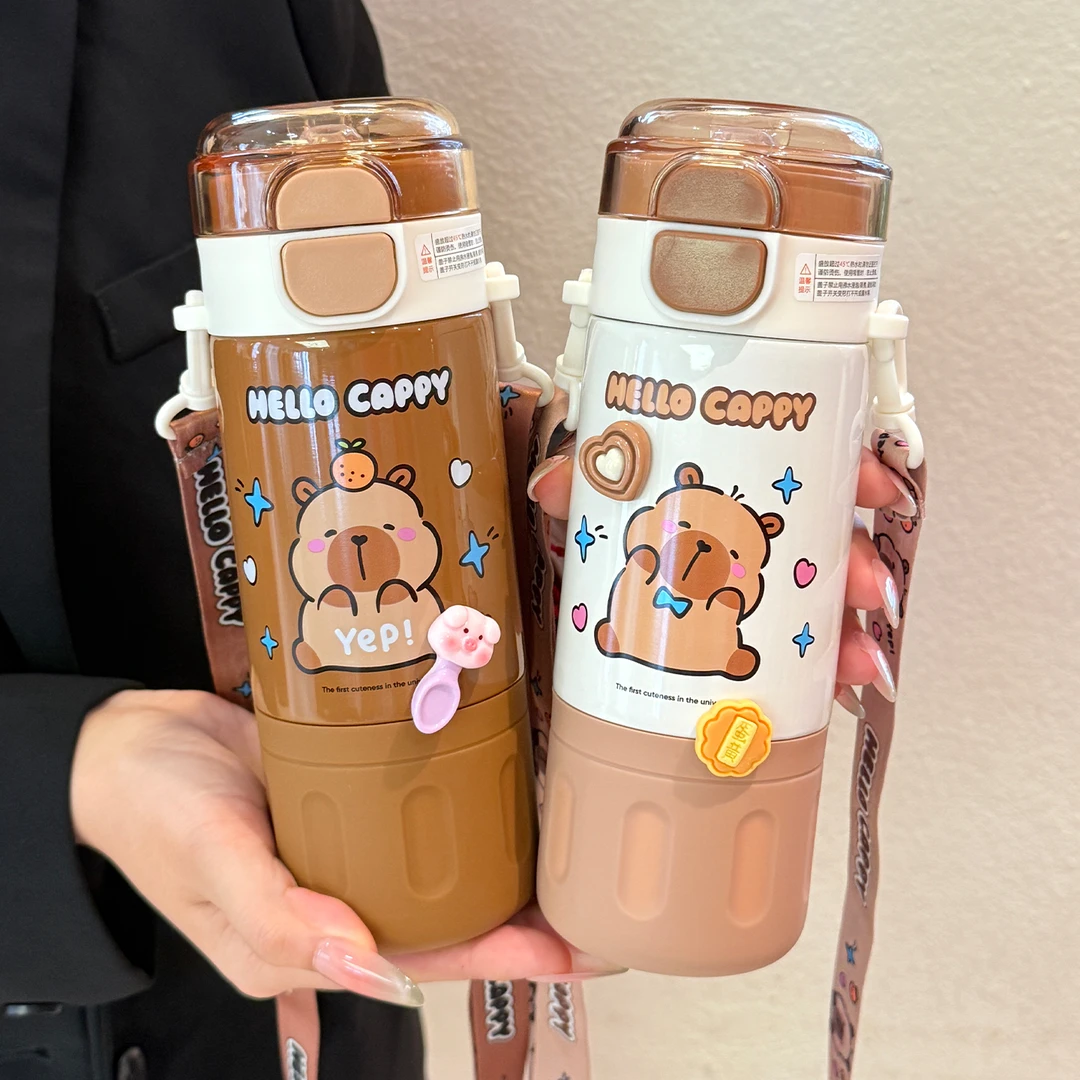 卡皮巴拉儿童保温杯男女孩上学专用双饮杯2025新款小学生吸管水杯