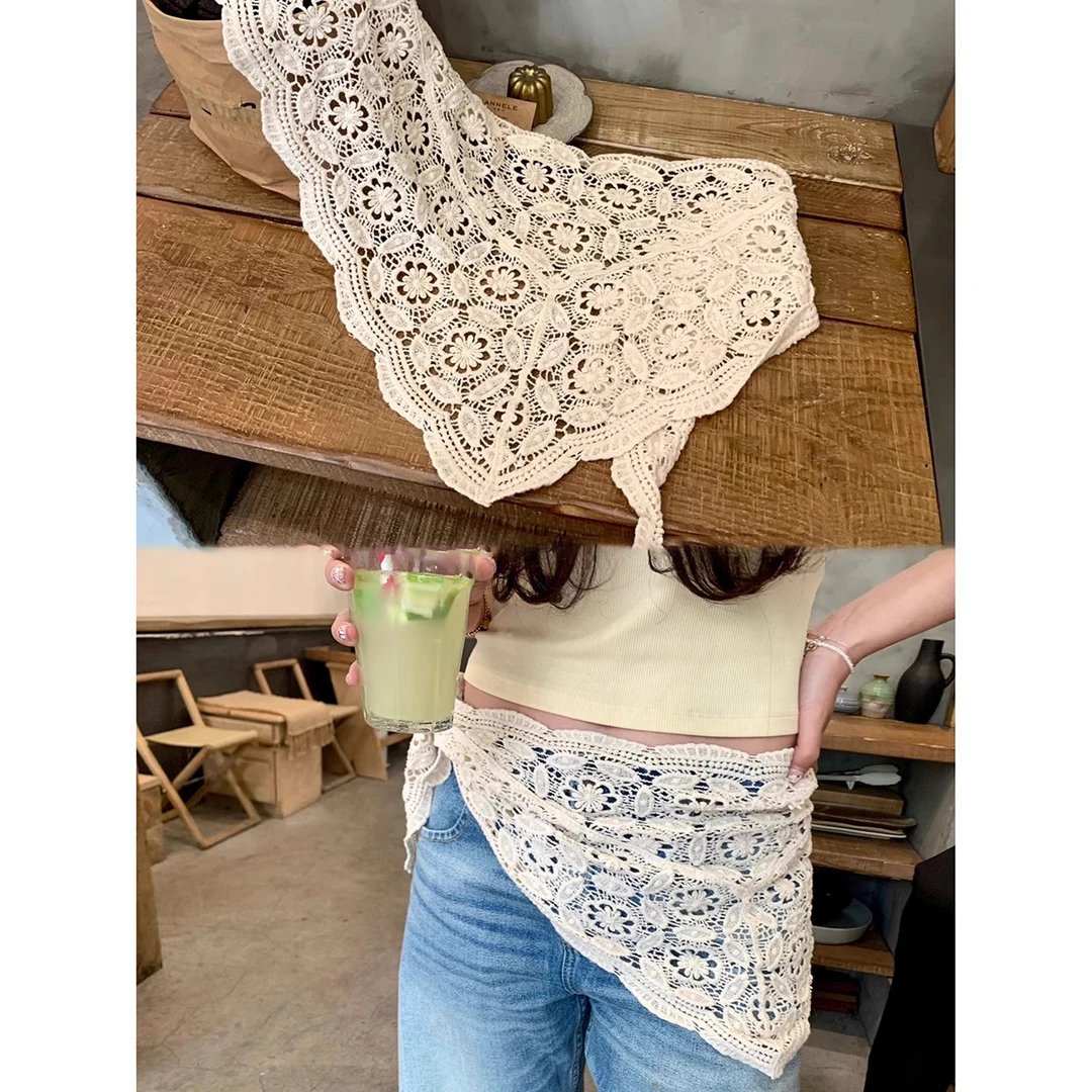 层次感丝巾春夏复古蕾丝钩花三角巾叠穿裙帘针织镂空屁帘子