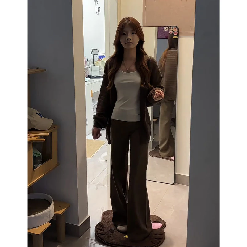 2025秋季新款韩系穿搭宽松百搭长袖毛衣开衫气质高腰显瘦阔腿长裤