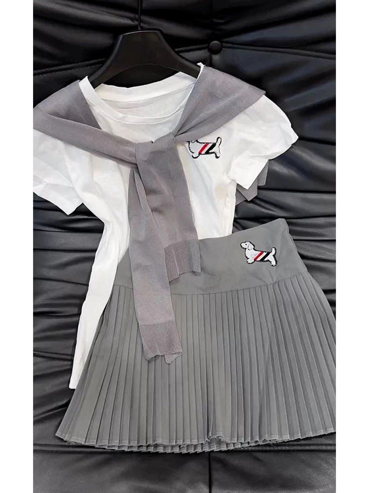 韩系夏日穿搭一整套盐系轻熟白色短袖t恤百褶连衣裙两件套装女装