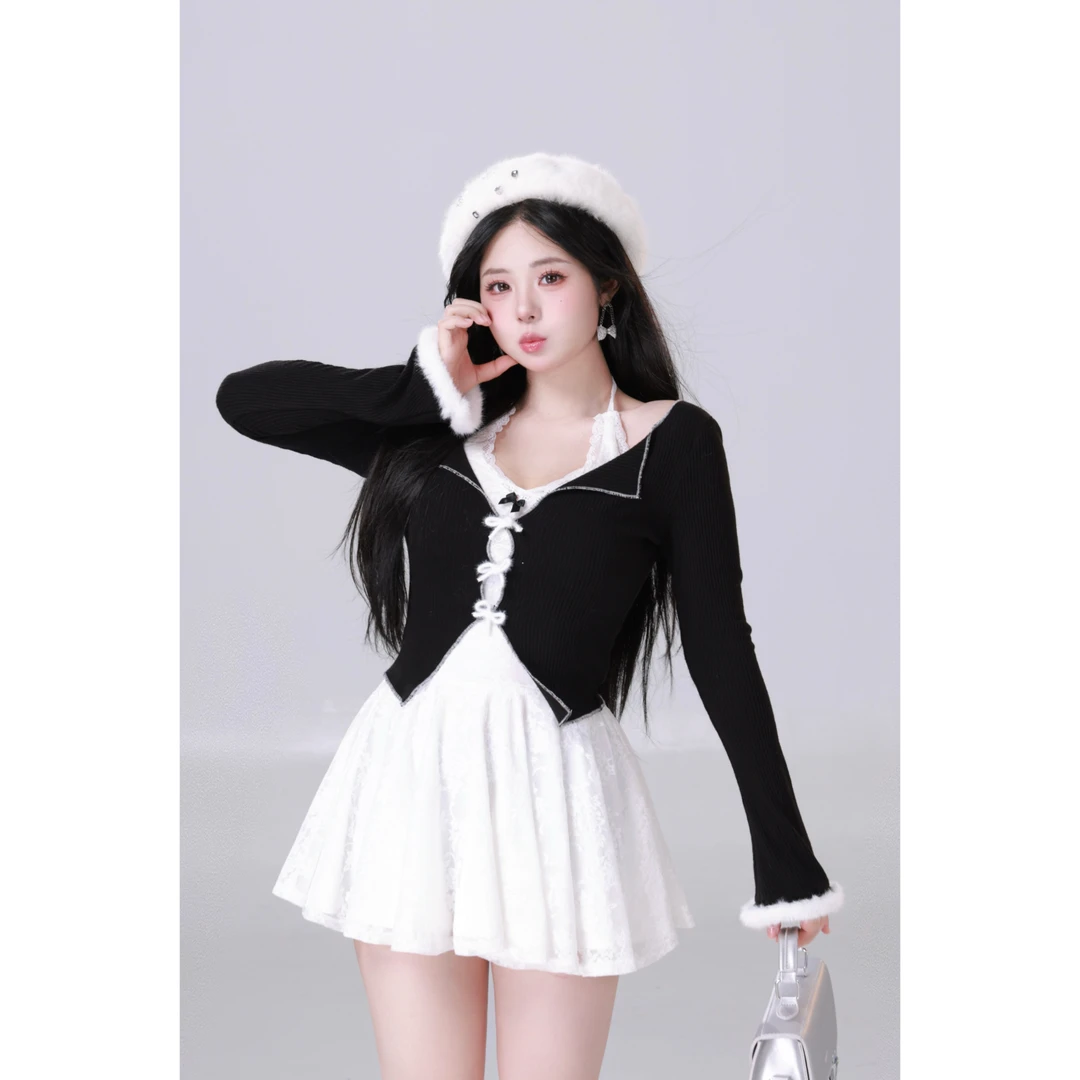 清清MengFairy【奶狐狙击】针织上衣蕾丝挂脖连衣裙套装4026M雅丹