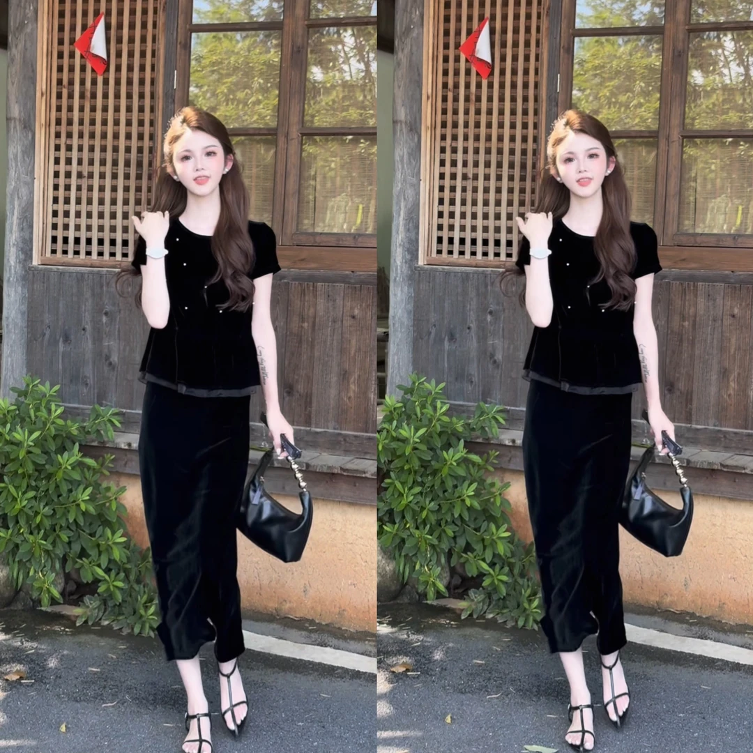 （普吉晚风）2025夏季新款气质荷叶边钉珠设计款减龄显瘦套装