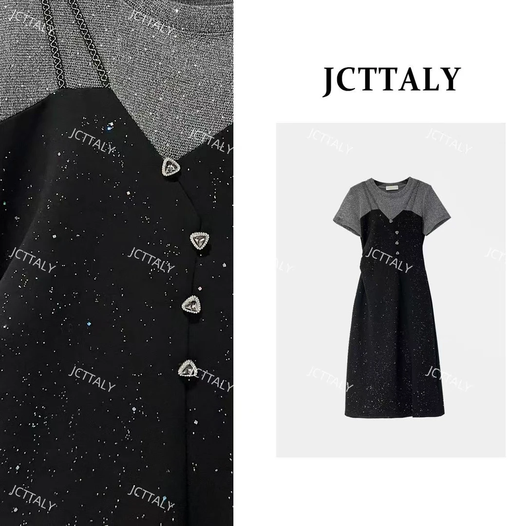 【YY高定】A字裙大码连衣裙夏季中长裙法式短袖斜襟拼接JC-A3757