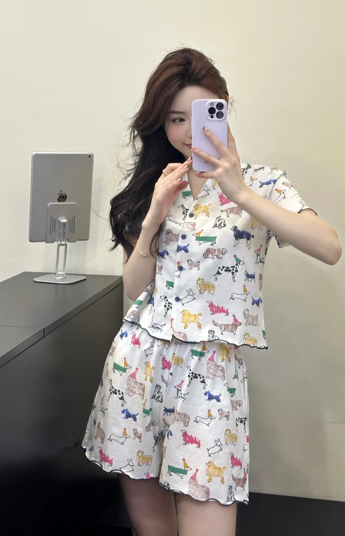 软fufu夏季女士网红小狗短袖短裤睡衣可外穿纯棉家居服