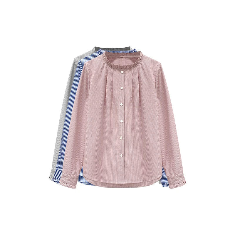 【橙庐】873000木耳边细条纹纯棉衬衫 春秋女士宽松衬衣时尚休闲