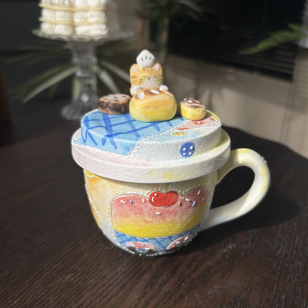 编号604立体小猫面包带盖把手咖啡杯