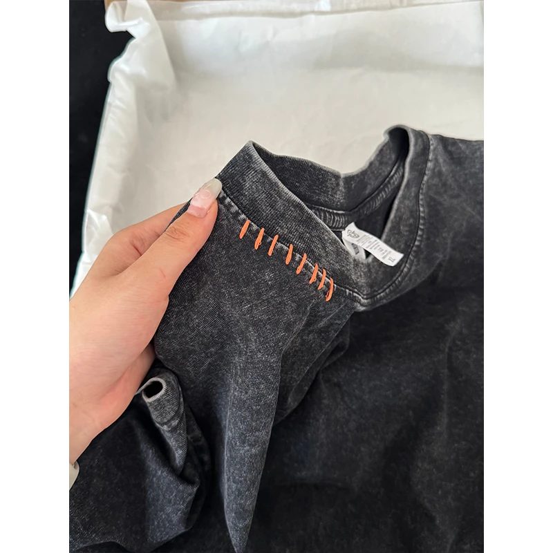 美式复古水洗做旧T恤男款夏季个性针线撞色纯棉潮牌重磅新款短袖