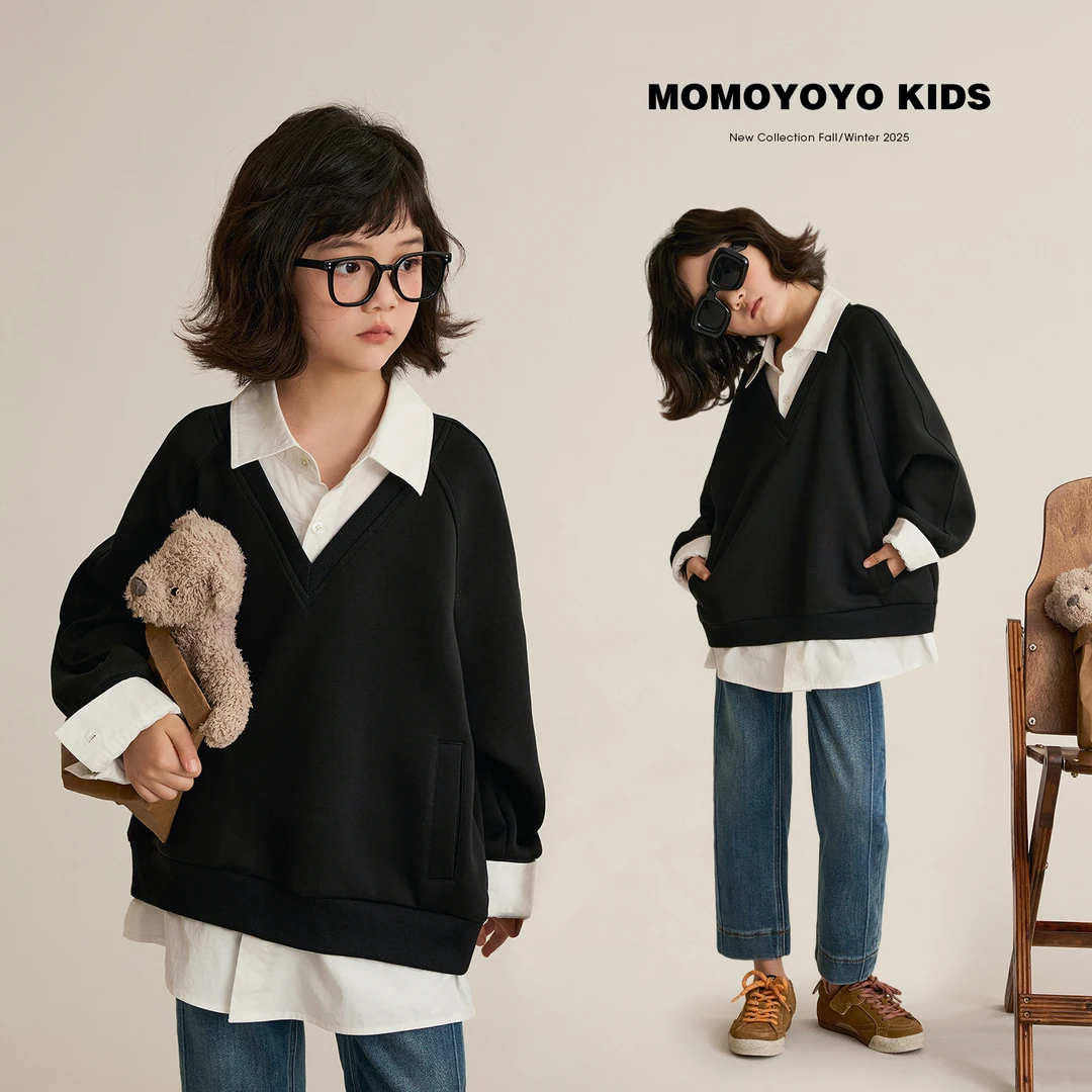 【自洽】女童秋装洋气假两件卫衣亲子装儿童衬衫领上衣8572D