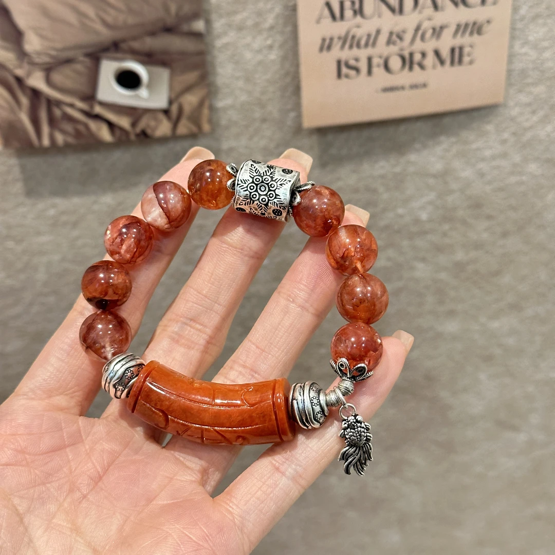 足银手链 S09692 红胶花圆珠花纹银桶珠金鱼吊坠弹力手串