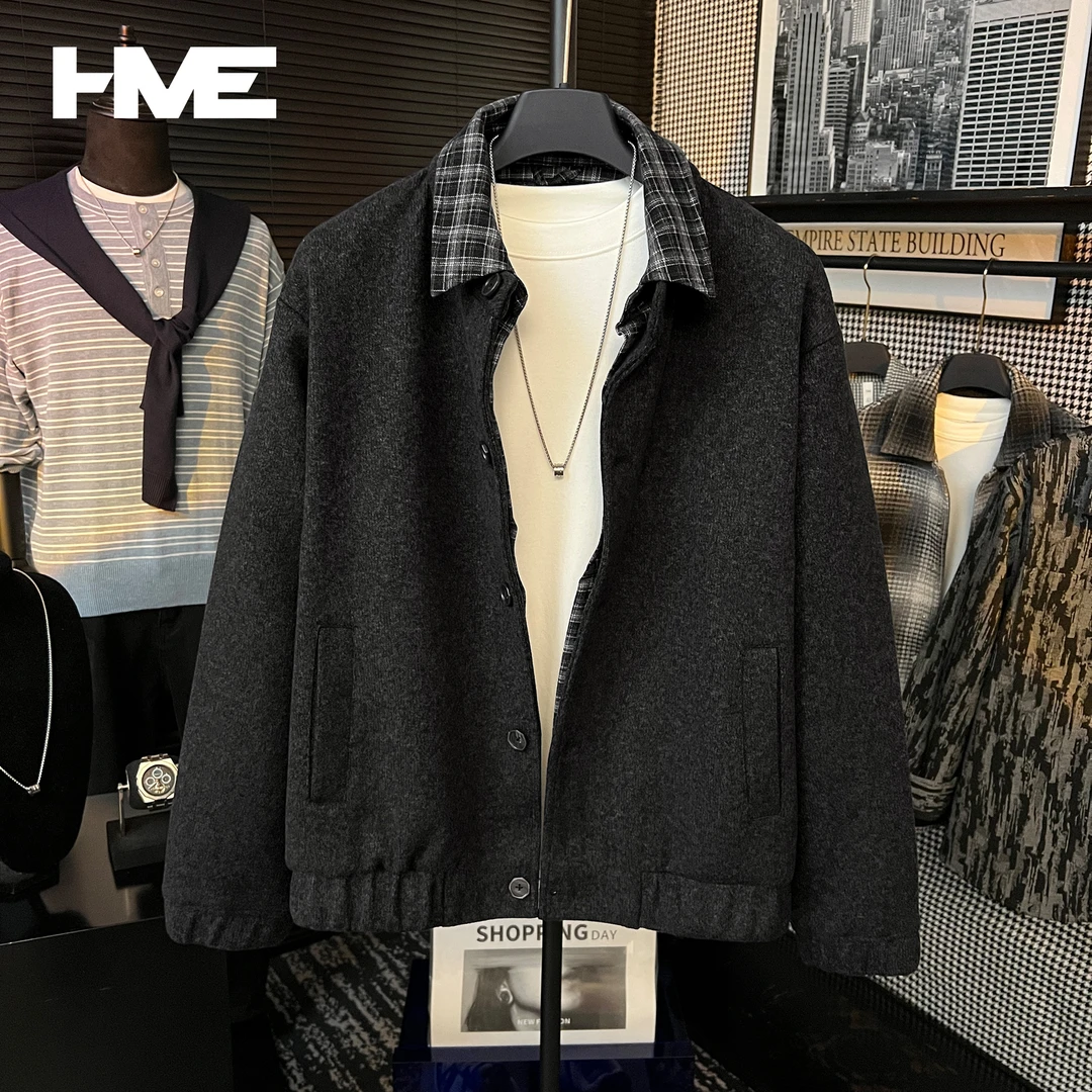 【HMEYAO】【羊毛混纺层次感】原创秋冬高级感拼接格纹假两件夹克外套