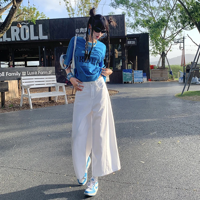 竖竹节潮酷美式八分阔腿牛仔裤女新款分割高腰显瘦宽松直筒七分裤