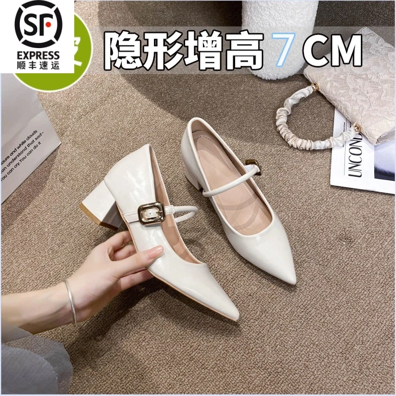 玛丽珍粗跟单鞋女2025年新款尖头法式复古软皮一字带内增高高跟鞋