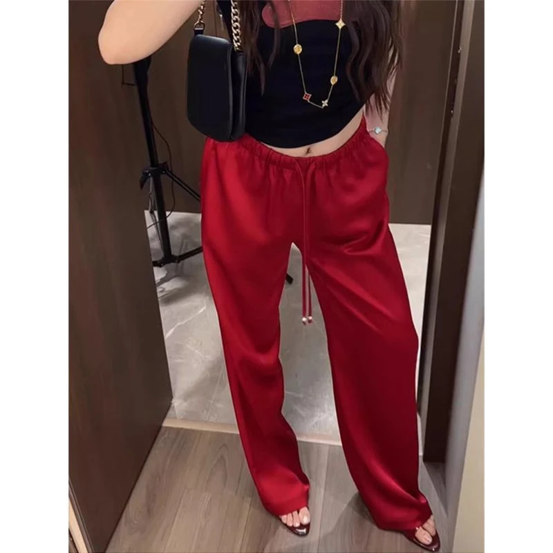 窄版薄款2025冰丝女裤褶皱垂感夏季拖地裤子女高腰显瘦阔腿裤女