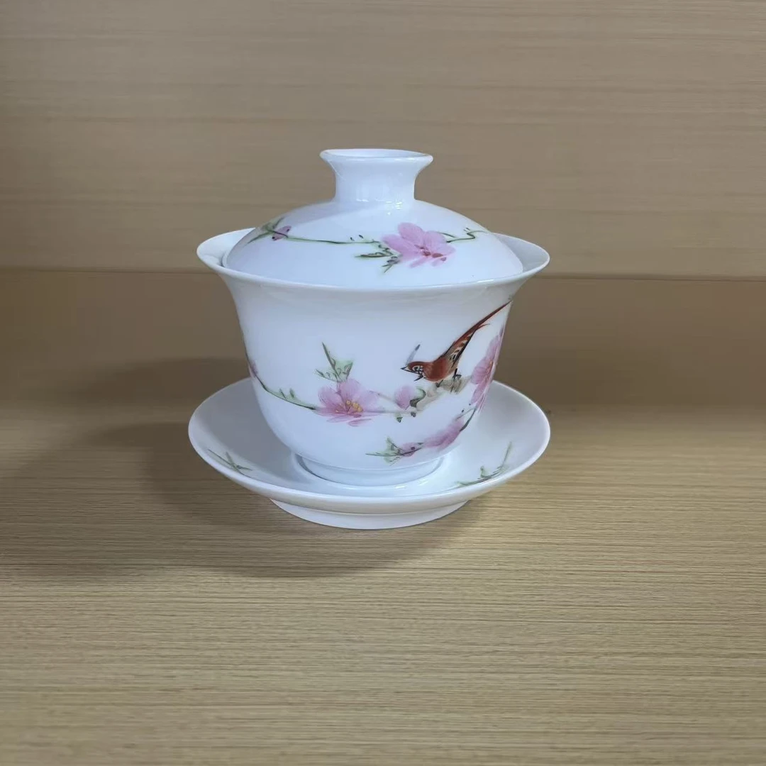 景德镇陶瓷水点桃花三才盖碗