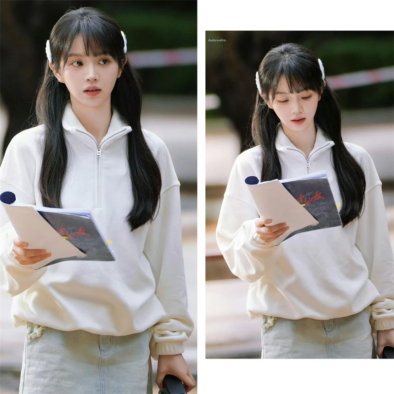 田曦薇米白色半拉链套头卫衣女秋新款慵懒休闲上衣学生宽松外套