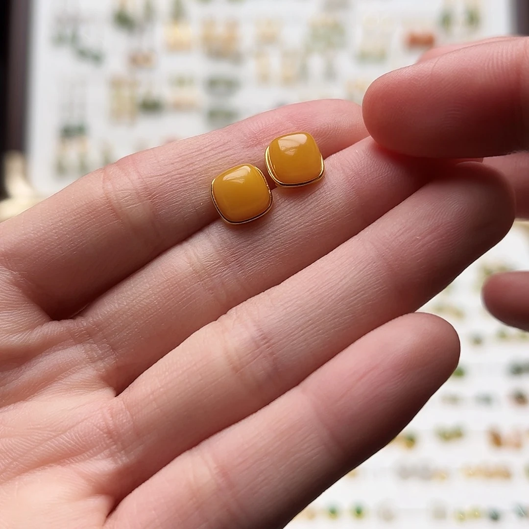 银S925镀金镶嵌和田玉耳钉