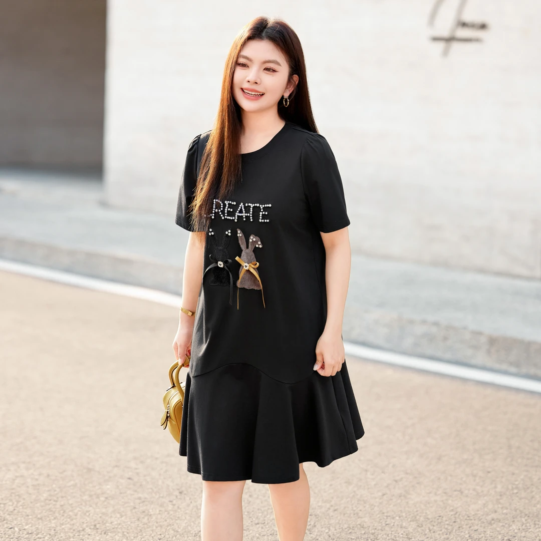 【气质减龄钉珠贴布绣T恤连衣裙】MsShe大码女装夏季显瘦F2504010