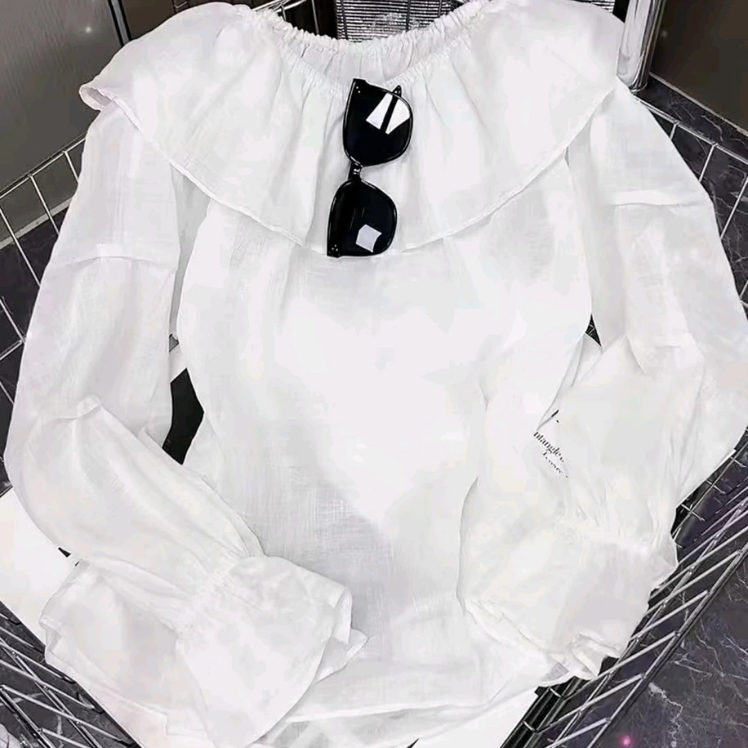 甜美减龄纯色荷叶领长袖麻衬衫百搭显瘦时尚小衫