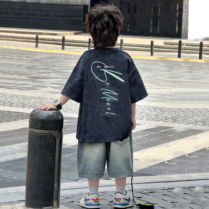 中班仔童装男童套装纯棉印花短袖牛仔五分裤休闲两件套潮*ZH2548