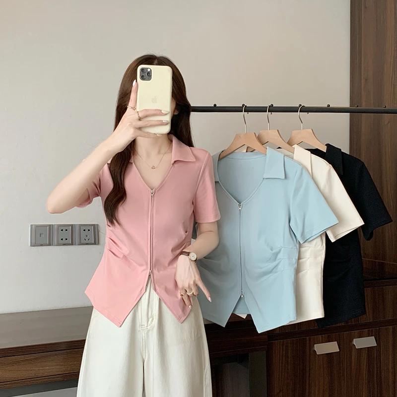 2025夏装新款胖mm大码女V领双拉链休闲减龄短袖T恤纯欲慵懒风女装