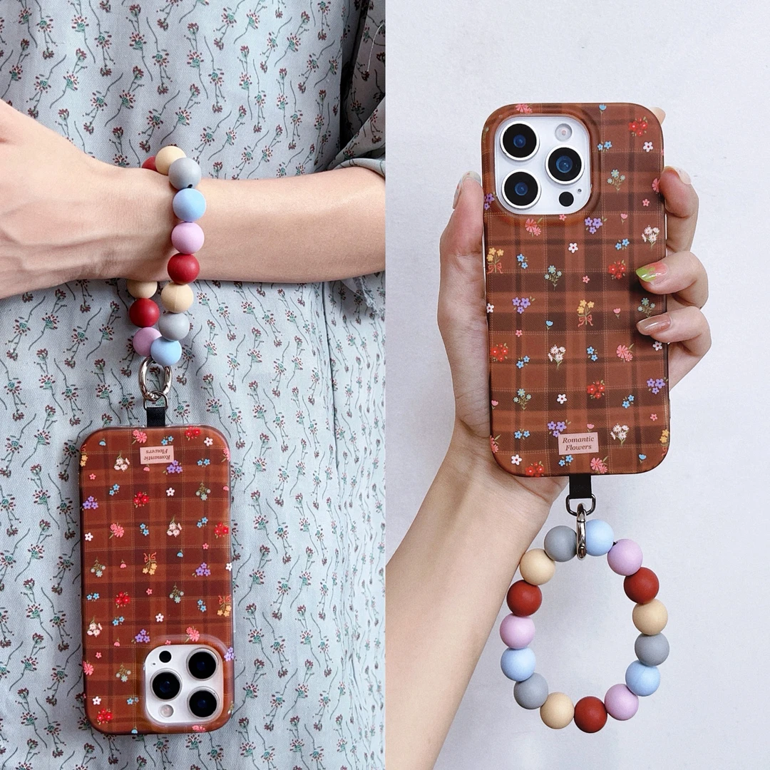 复古格子彩色碎花手拎串珠适用iphone17pro手机壳苹果16女款15/14