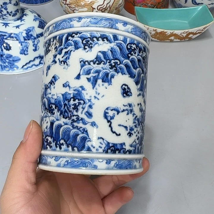 摆件陶陶瓷纯手工青花笔筒