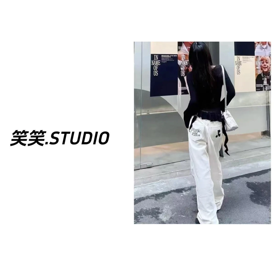 笑笑-【jennie同款牛仔裤】韩系百搭logo印花逗号水洗休闲长裤