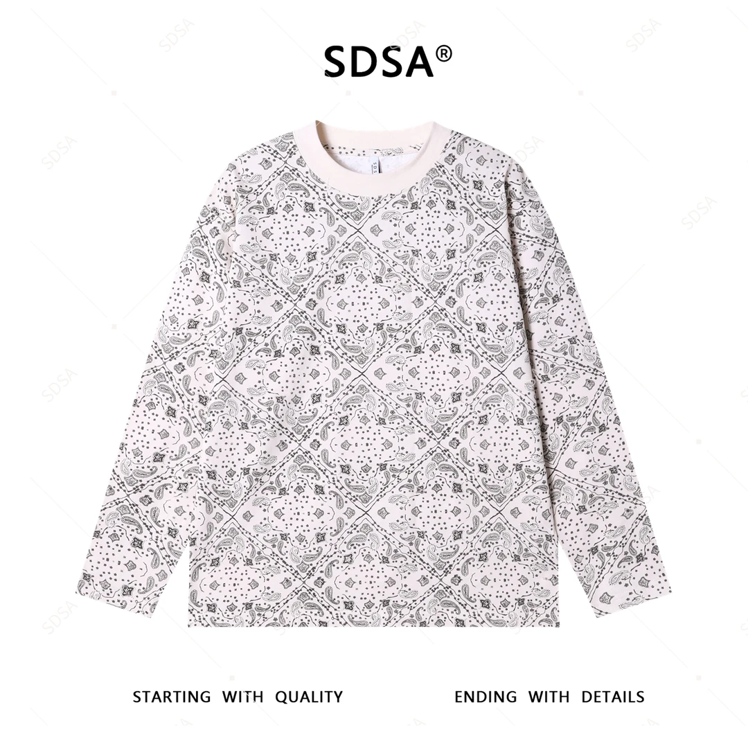 SDSA男士2025新款轻奢痞帅男装撞色印花格纹圆领长袖T恤时尚简约