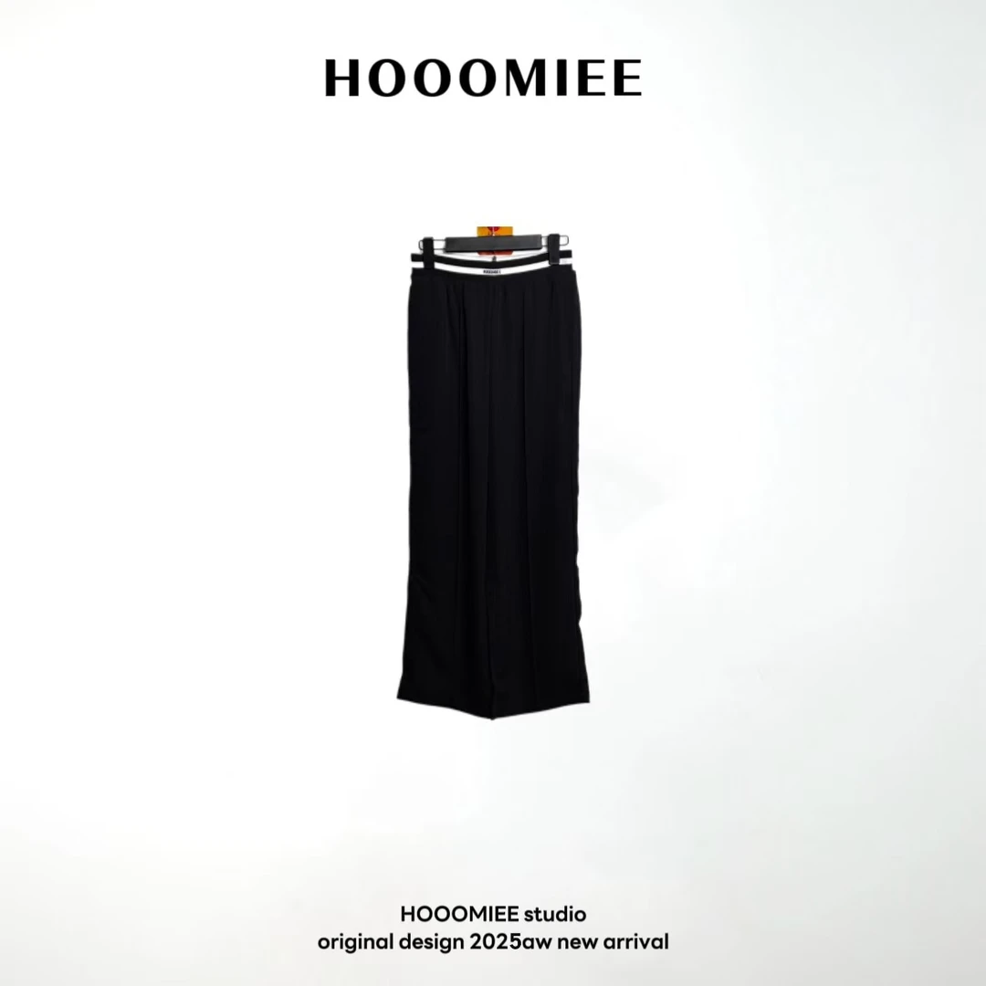 Hooomiee港风垂感时尚黑百搭女士休闲直筒裤220015