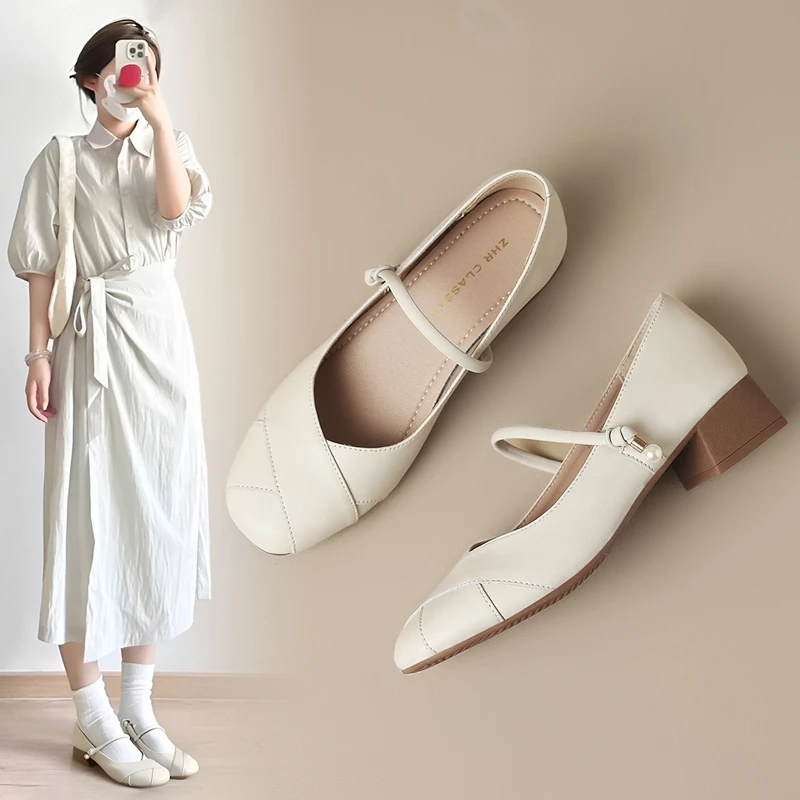 ZHR则则浅口单鞋女2025春夏爆款复古百搭玛丽珍鞋珍珠法式小皮鞋